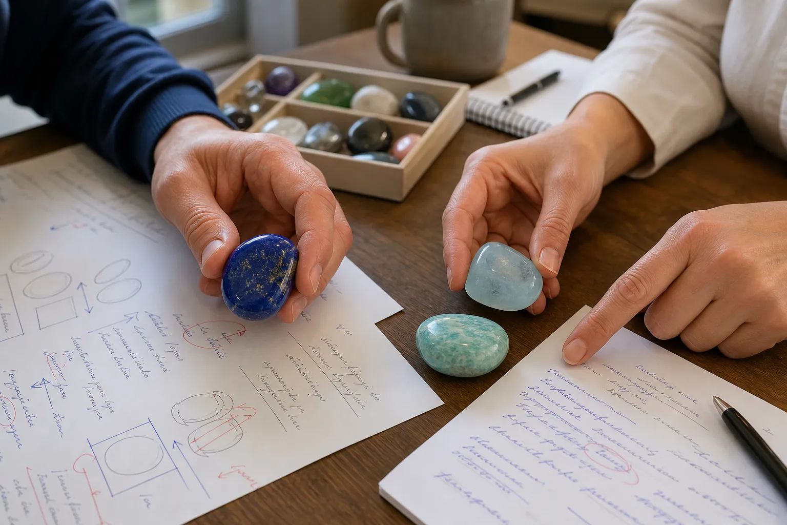 Hands reviewing lapis lazuli, aquamarine, and amazonite notes beside a small tray of crystals