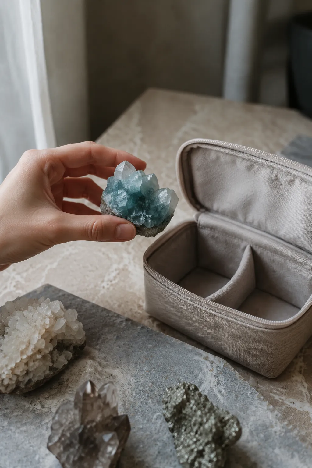 A crystal being moved from a stable display surface toward a soft storage container