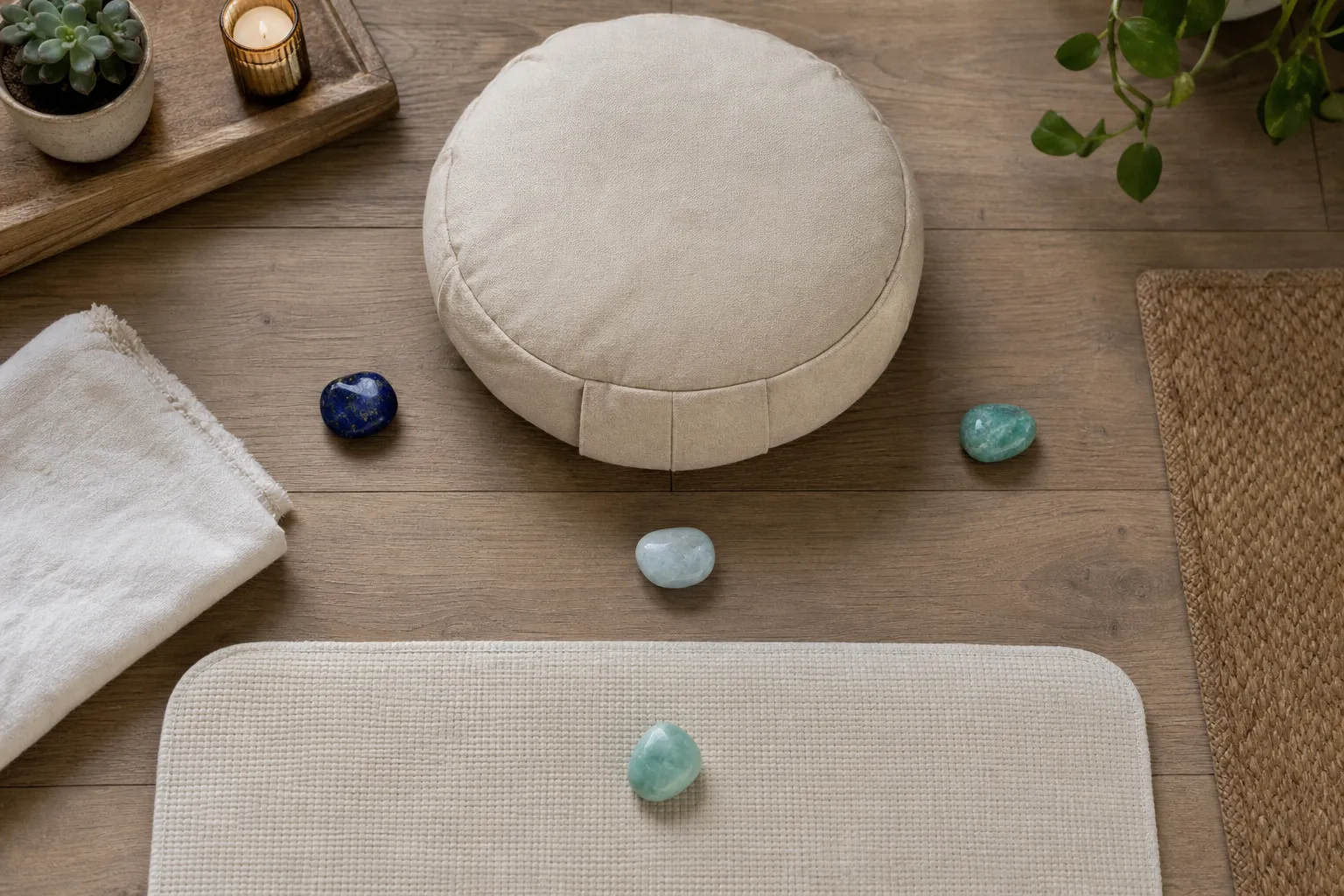 Root chakra stones arranged near a cushion, cloth, tray, and resting surface for placement choices