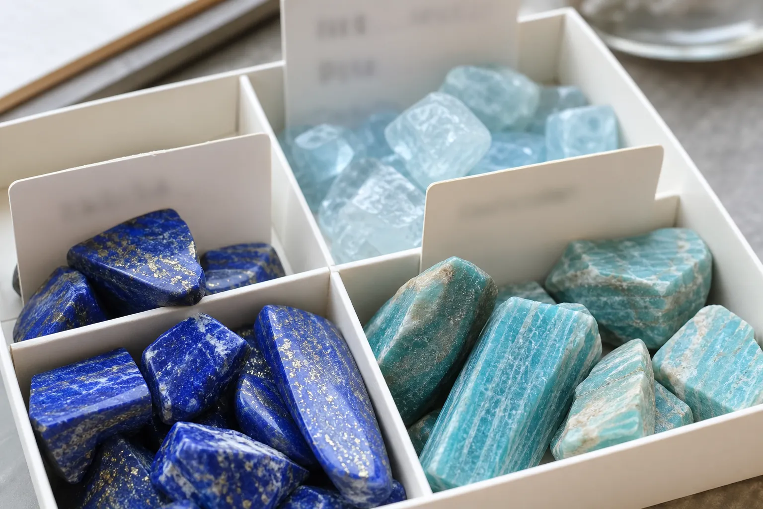A small mineral tray with lapis lazuli, aquamarine, and amazonite arranged beside simple unreadable topic cards