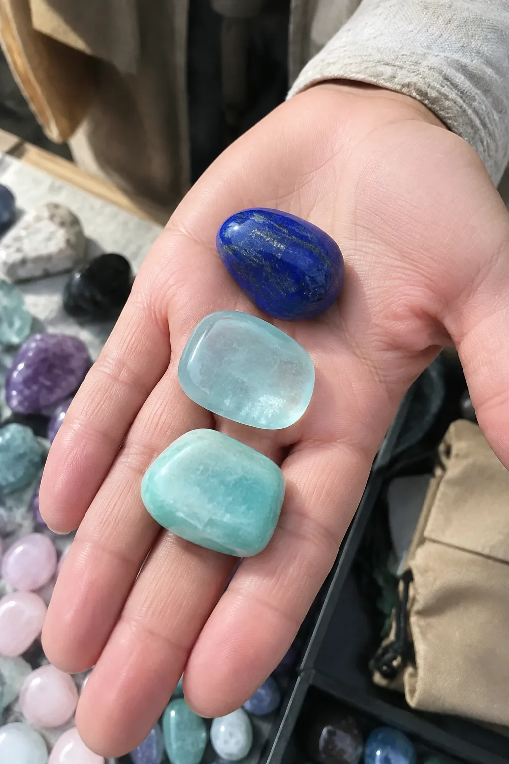 Lapis lazuli, aquamarine, and amazonite shown as distinct stones for a personal carrying choice