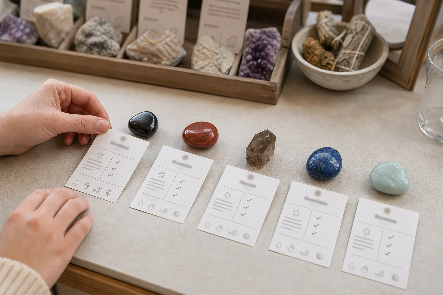 A beginner comparing root chakra stone labels with different stone colors and care notes