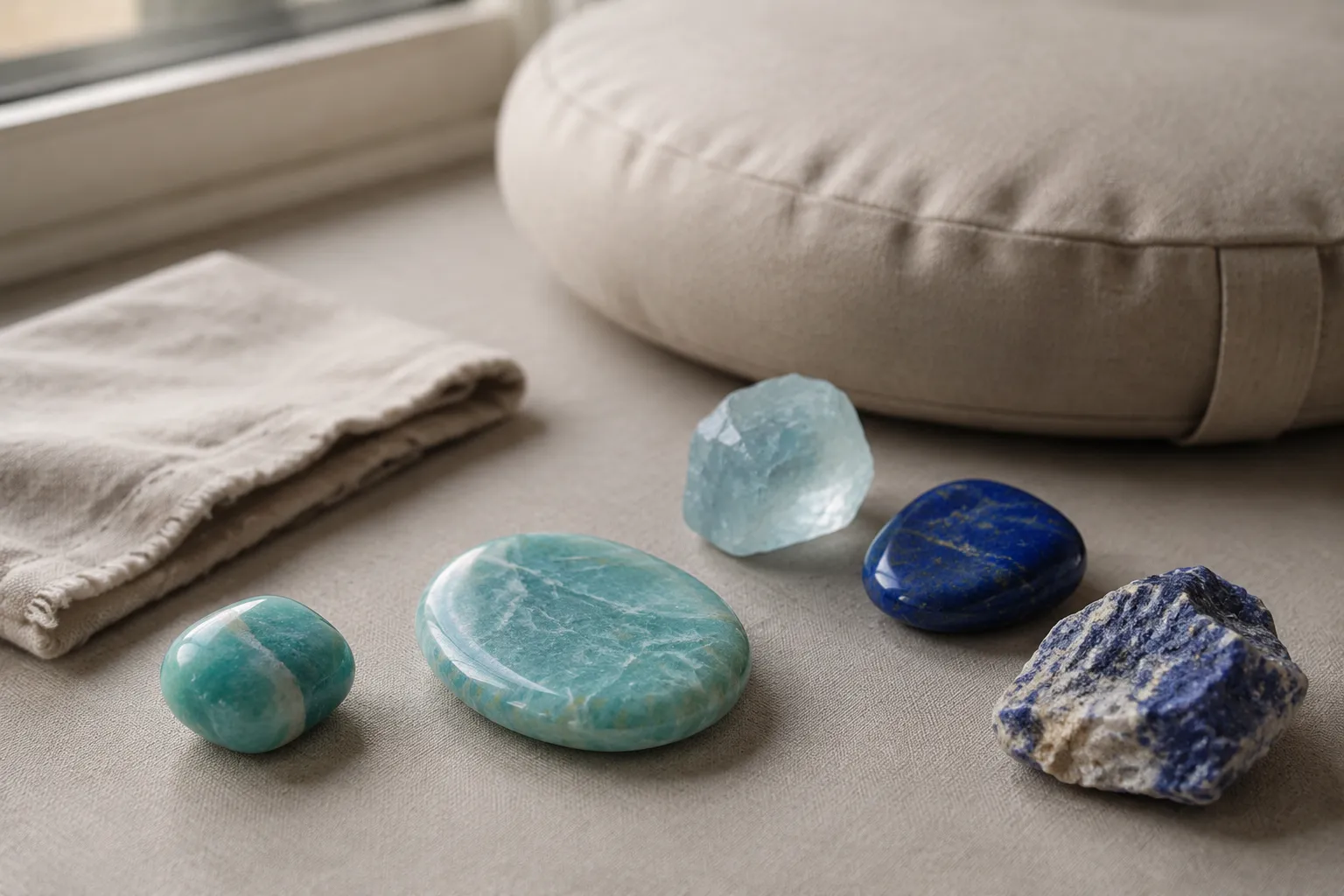 A small tumbled stone, a larger palm stone, and a rough specimen arranged to compare meditation placement choices