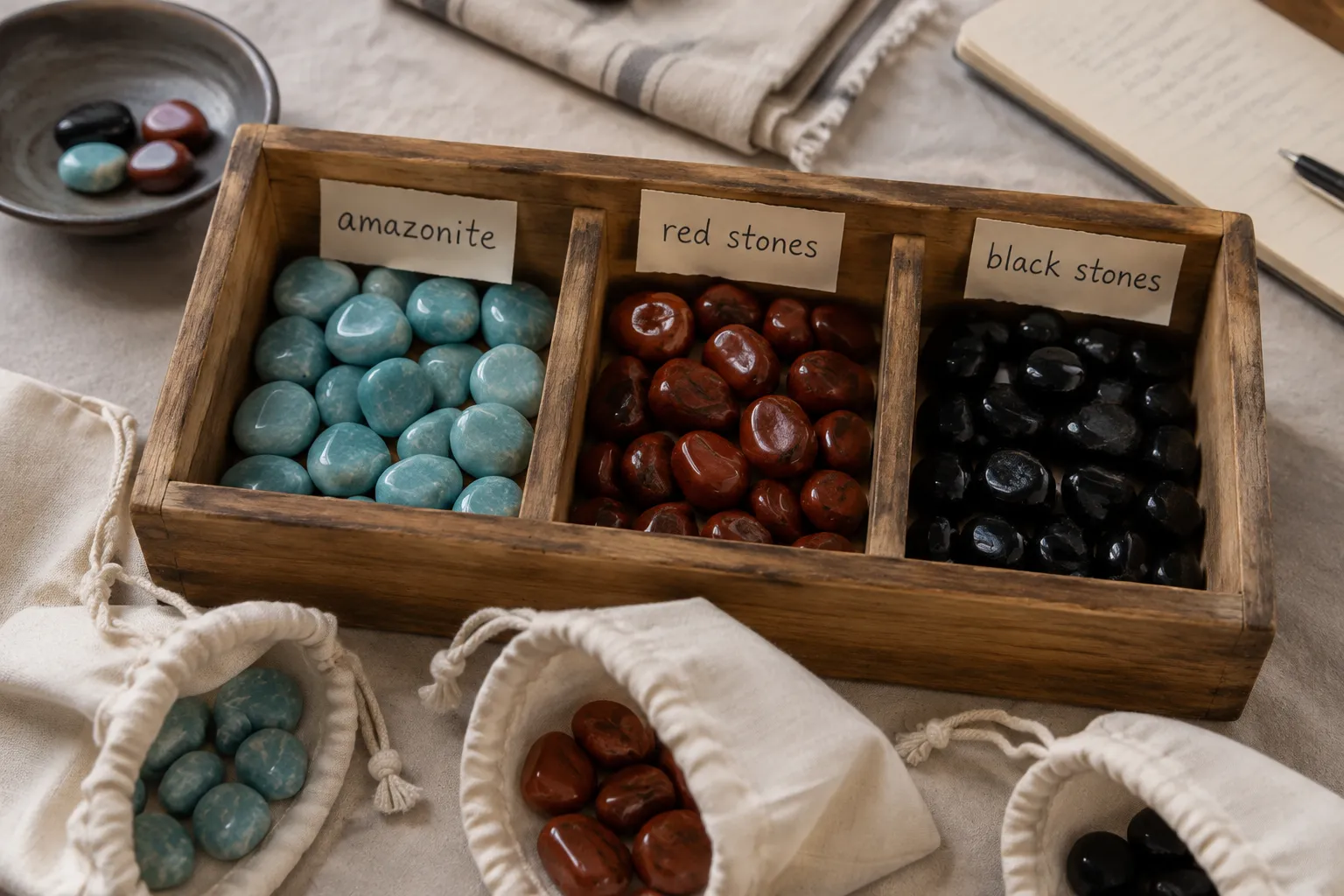 Labeled tray with amazonite separated from red and black stones for a mixed chakra arrangement