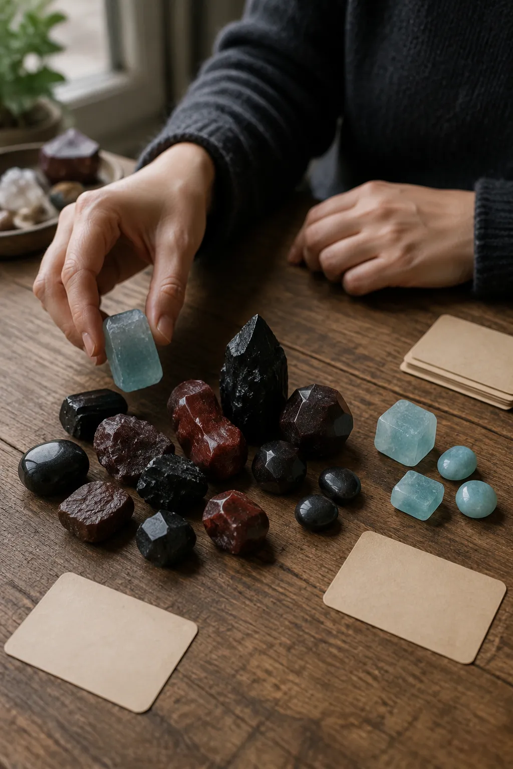 A mixed crystal arrangement showing aquamarine as an accent with darker root chakra stones