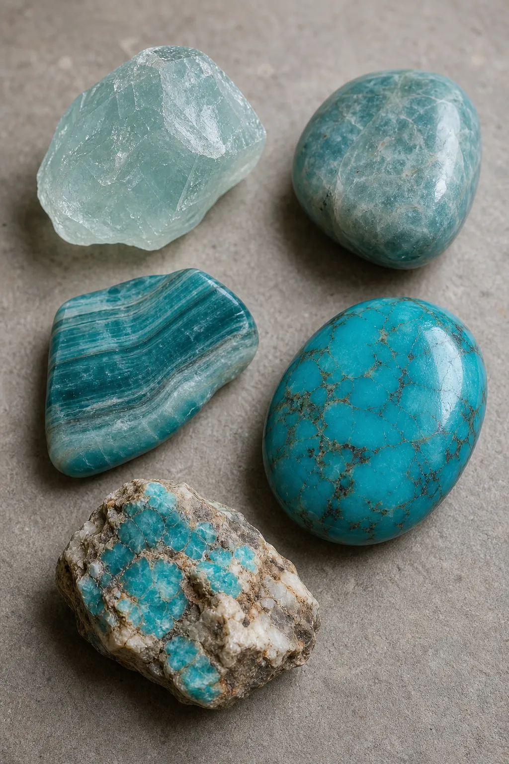 Different blue-green stones showing pale, cloudy, banded, polished, and earthy matrix details