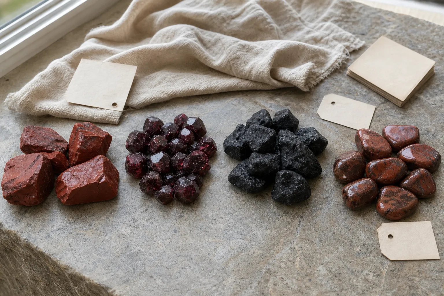Red jasper, garnet, black stones, and reddish brown stones compared for root chakra symbolism